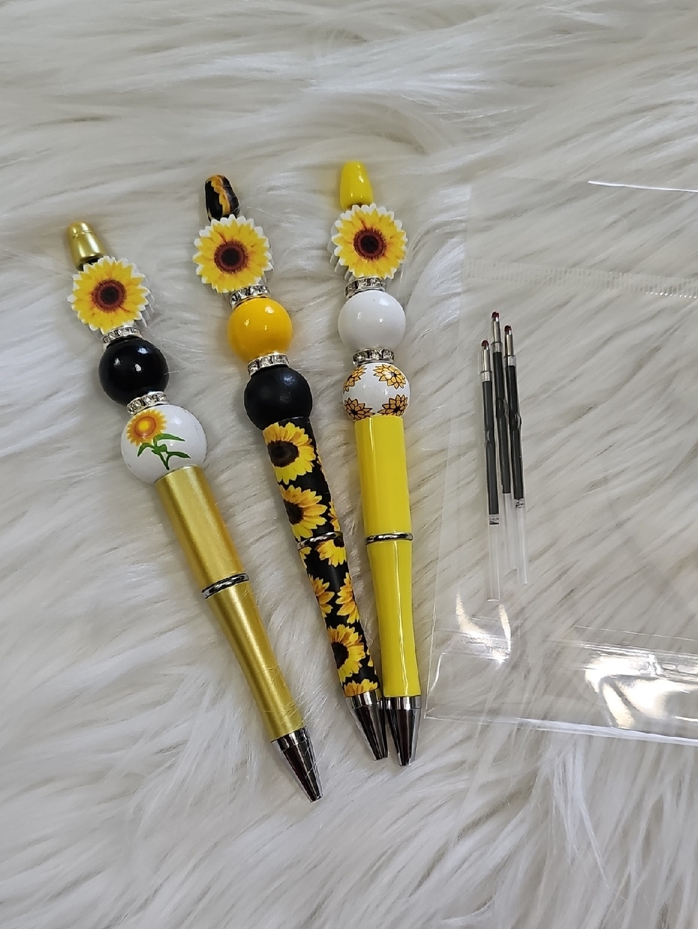 Set of 3 Handmade Sunflower Beadable Pens with 3 Ink Refills